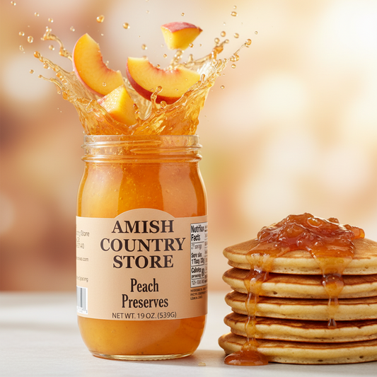 Canned peach preserves in a 16oz jar from Amish Country Store, showcasing glossy, golden peach preserves ready to spread or serve.