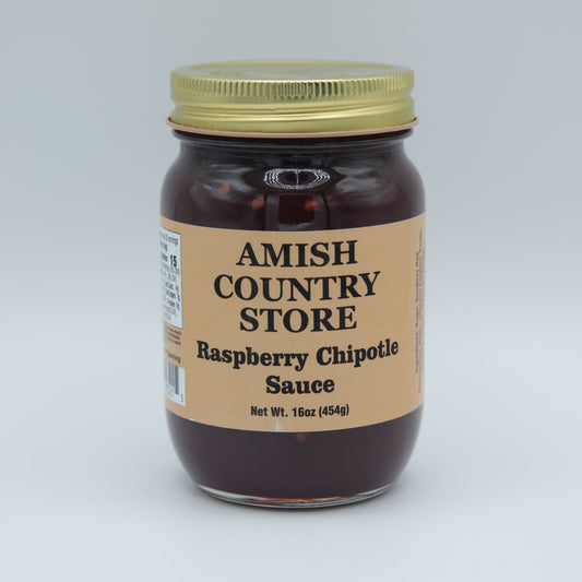 Canned Amish Country Store Raspberry Chipotle Sauce 16 oz jar showing label and sauce inside