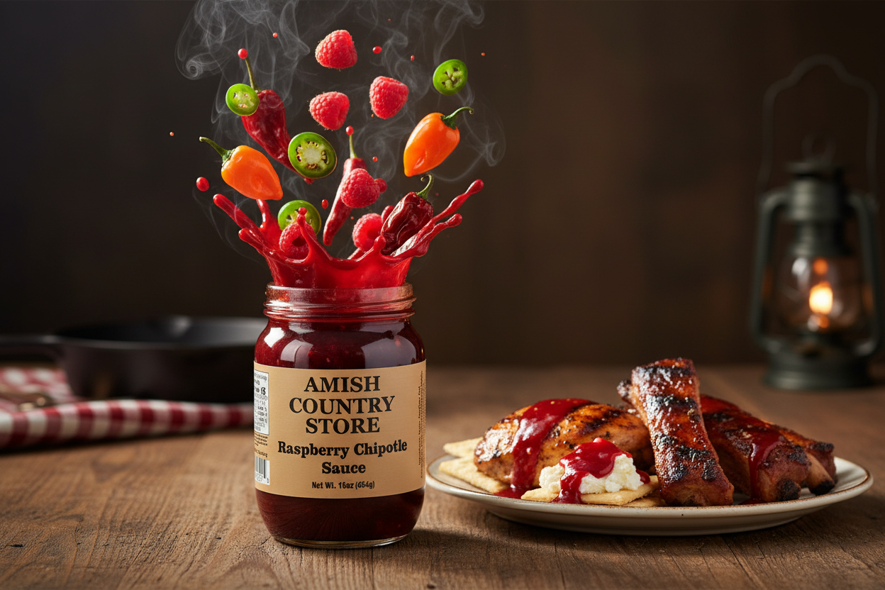 Canned Amish Country Store Raspberry Chipotle Sauce 16 oz jar, showcasing vibrant red sauce with spicy and fruity appearance.