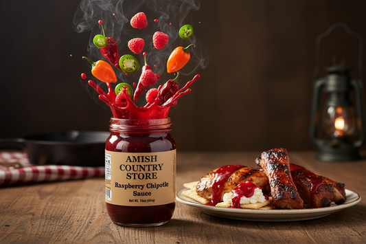 Canned Amish Country Store Raspberry Chipotle Sauce 16 oz jar, showcasing vibrant red sauce with spicy and fruity appearance.