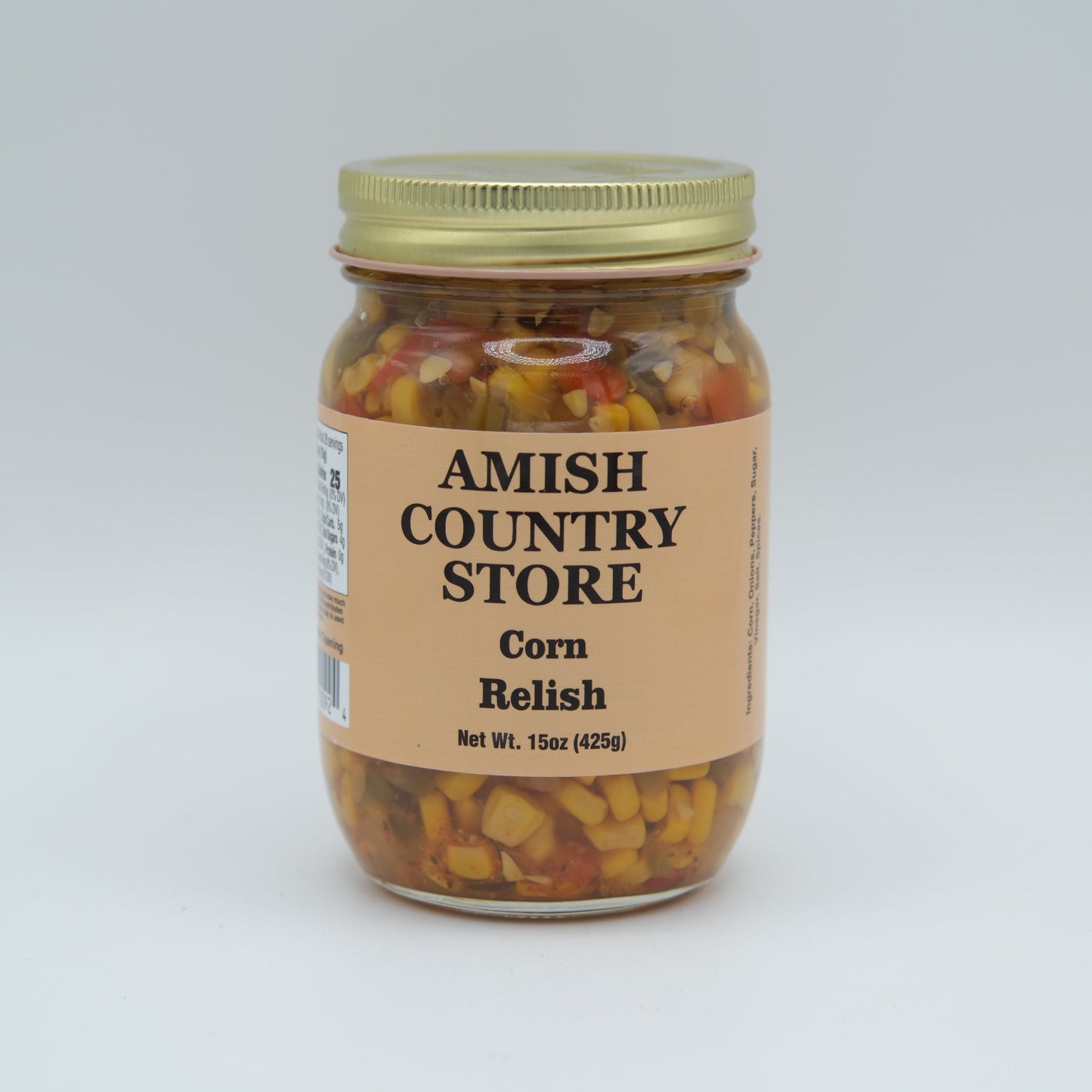 Canned Corn Relish from Amish Country Store, 15 oz jar, with colorful corn and vegetable mixture in a glass jar.