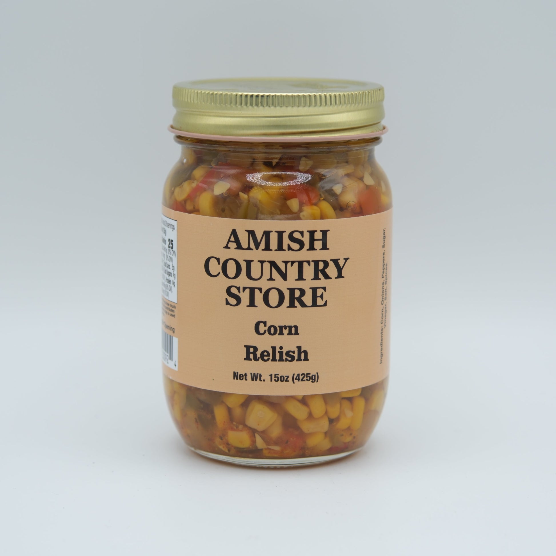 Canned Corn Relish from Amish Country Store, 15 oz jar, with colorful corn and vegetable mixture in a glass jar.