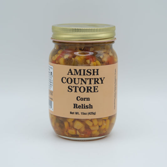 Canned Corn Relish from Amish Country Store, 15 oz jar, with colorful corn and vegetable mixture in a glass jar.