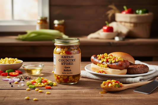 Canned Amish Country Store Corn Relish 15 oz jar with colorful label and fresh corn and vegetables inside.