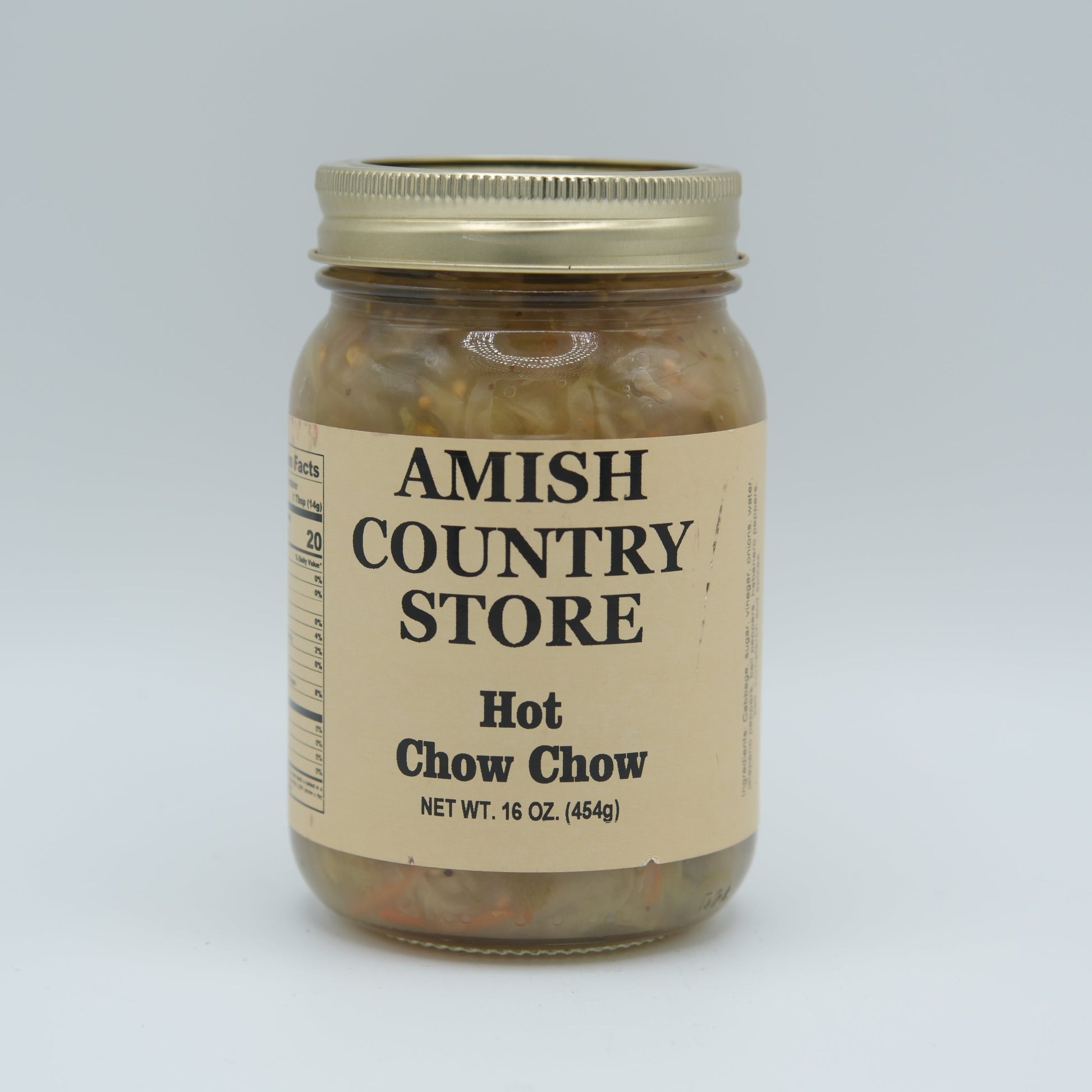 Canned Hot Chow Chow from Amish Country Store in 16oz jar, colorful mix of pickled vegetables and spices in a glass jar.