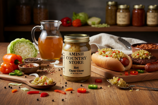 Canned Hot Chow Chow in a 16oz jar by Amish Country Store, featuring colorful mixed vegetables and spicy seasoning inside.