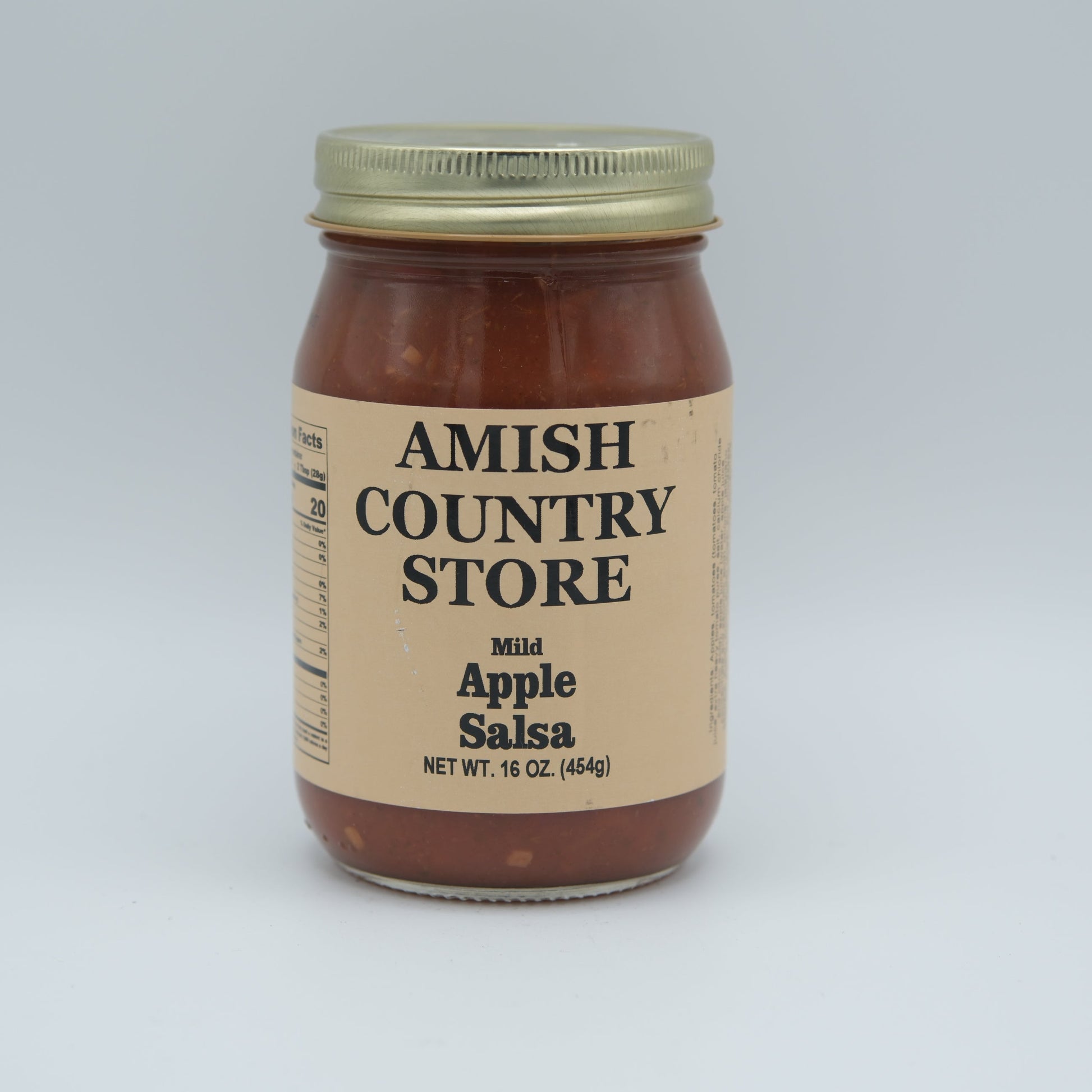 Canned Apple Salsa by Amish Country Store in 16 oz jar, showing the label and product inside the can.