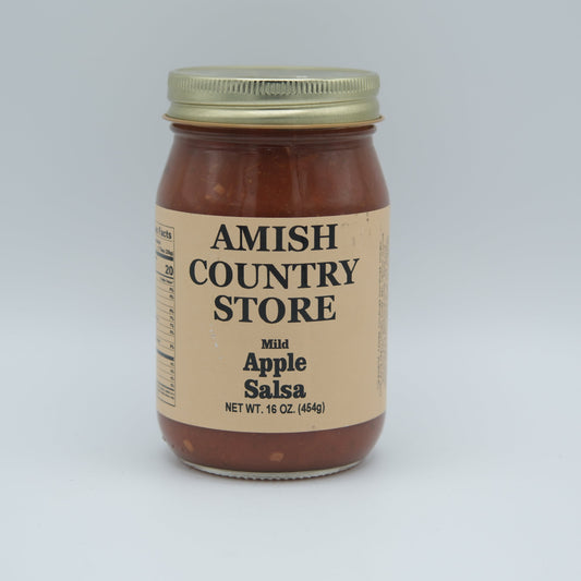 Canned Apple Salsa by Amish Country Store in 16 oz jar, showing the label and product inside the can.