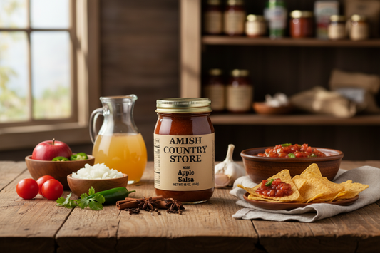Canned Amish Country Store Apple Salsa in 16 oz jar with fresh apple chunks and salsa ingredients visible.