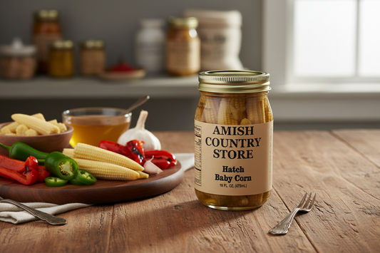 Canned Amish Country Store Hatch Baby Corn 16oz in a can, showing bright yellow baby corn kernels inside.