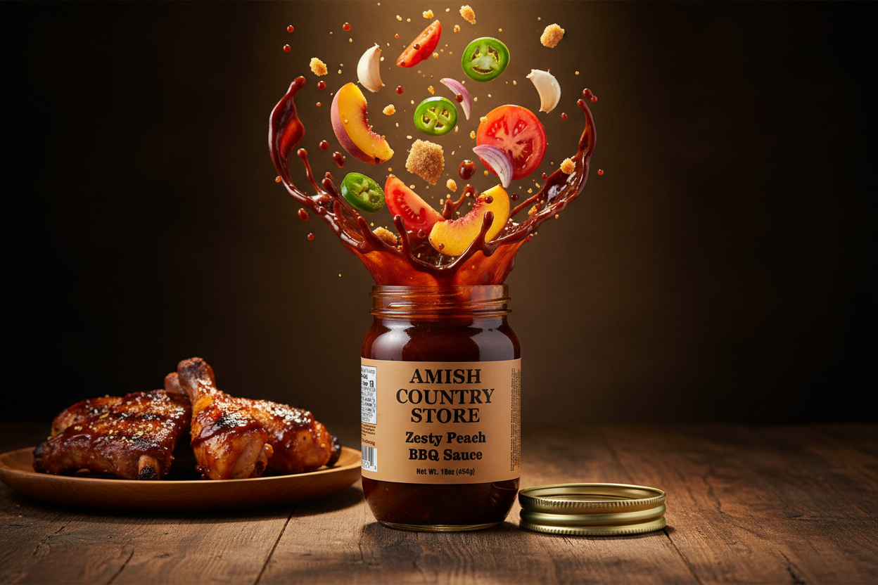 Canned Amish Country Store Zesty Peach BBQ Sauce 16 oz jar with peach chunks and spicy barbecue glaze.