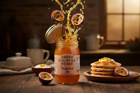 Amish Country Store passion fruit jam jar with vibrant label, showcasing the Amish jam's rich, fruity texture.