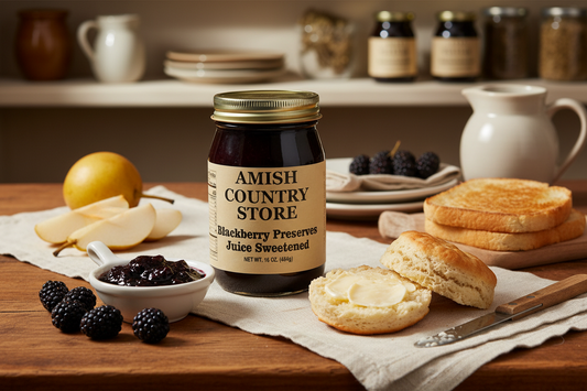 Canned Blackberry Preserve Juice by Amish Country Store in a 16 oz jar, showcasing glossy blackberry preserves inside a clear container.