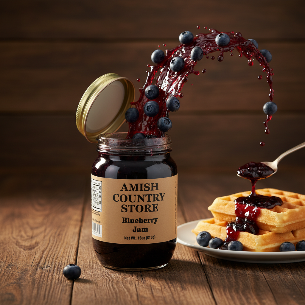 Canned blueberry jam in a jar from Amish Country Store, 18 oz, showing the vibrant blue jam inside.