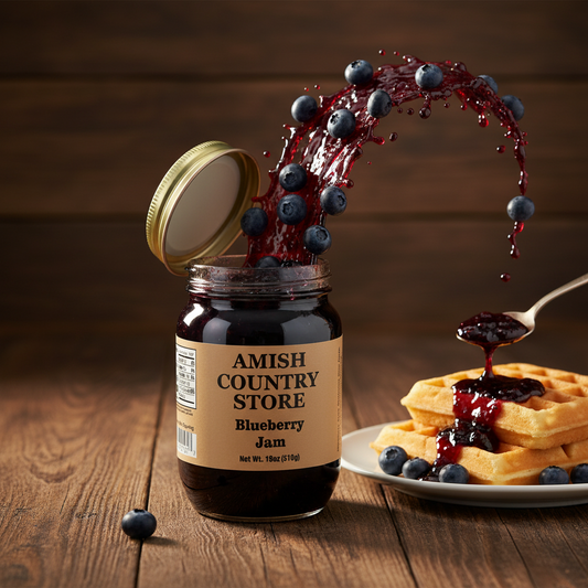 Canned blueberry jam in a jar from Amish Country Store, 18 oz, showing the vibrant blue jam inside.