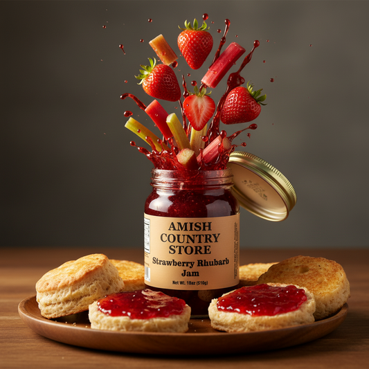Canned Strawberry Rhubarb Jam in 18 oz jar from Amish Country Store, showing the jar with a vibrant red fruit preserve inside.
