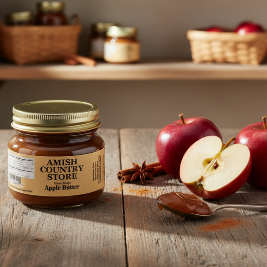 Canned Amish Country Store Apple Butter jar with a label, showing smooth, rich apple spread in a glass jar.