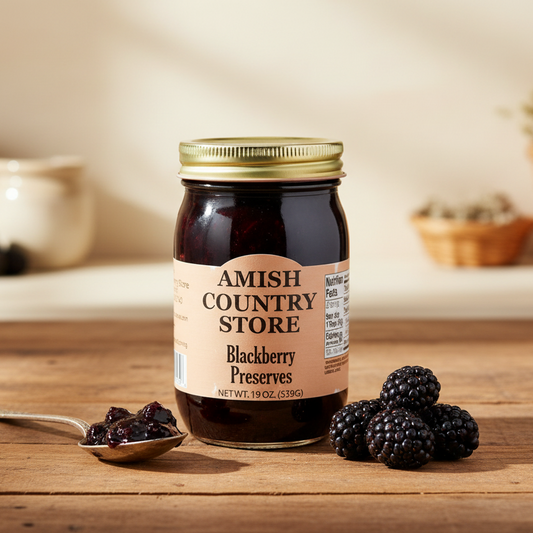 Canned blackberry preserves in a 16 oz jar from Amish Country Store, showing glossy blackberries and label on the jar.