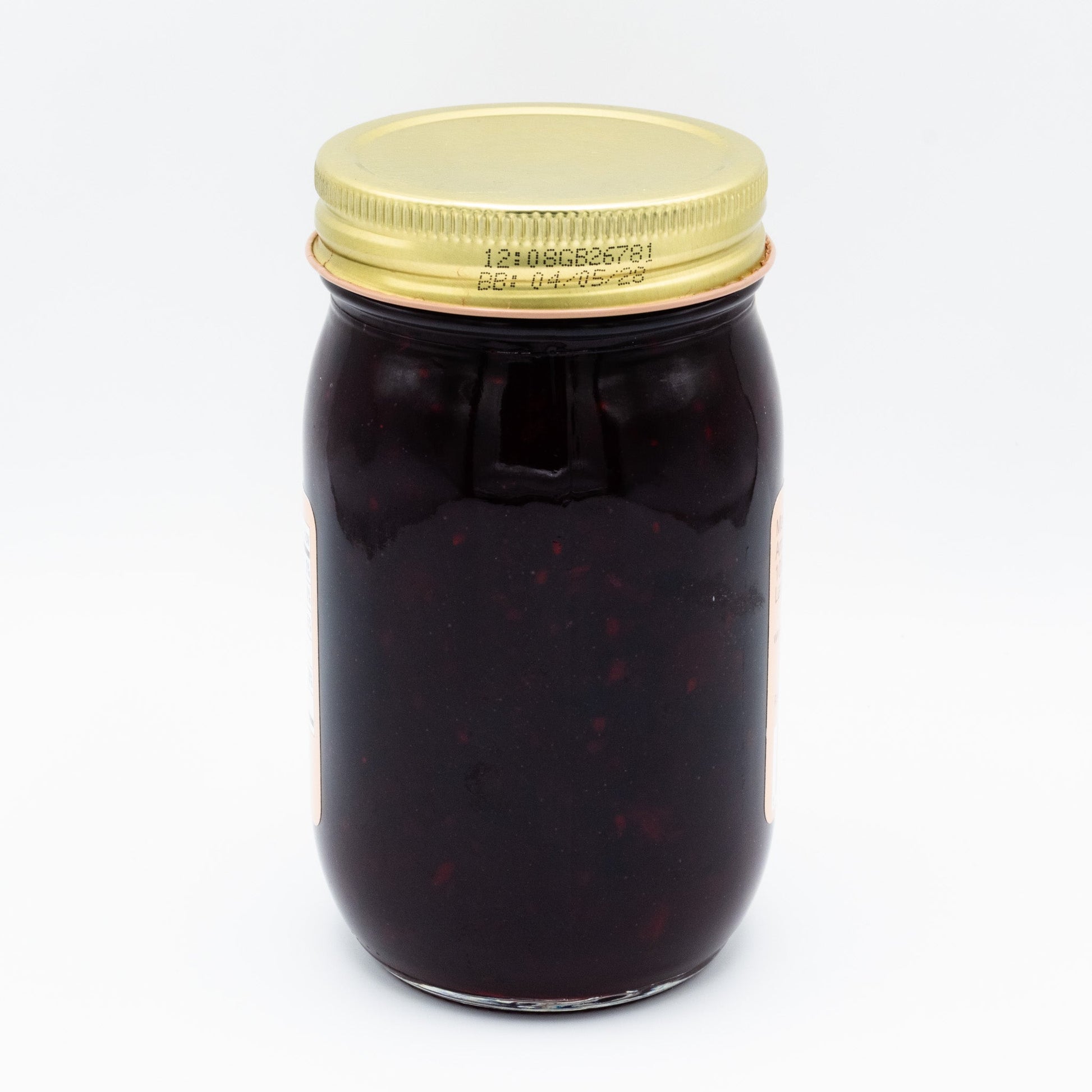 Canned Blackberry Preserves in 16 oz jar from Amish Country Store, showing glossy blackberries and preserve label.
