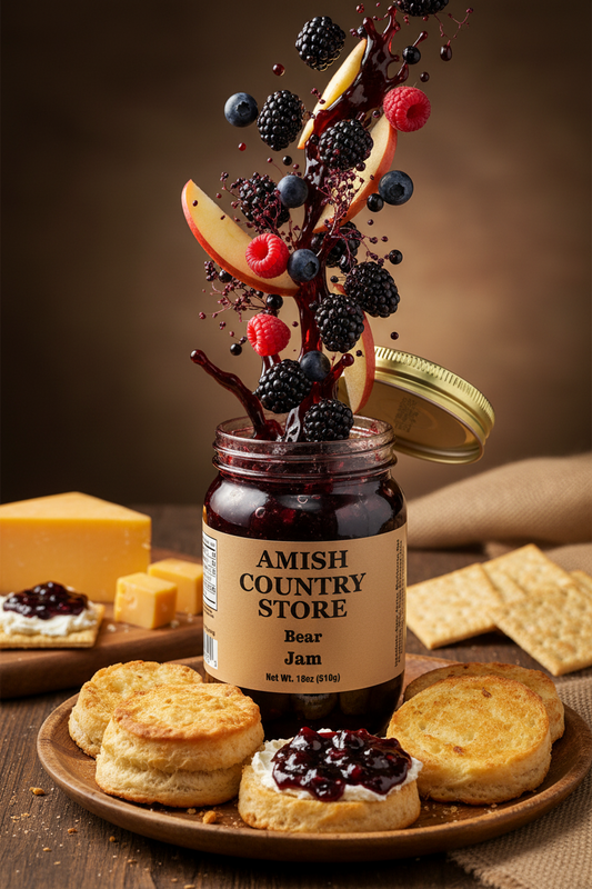 Amish Country Store Bear Jam canned goods jar, 18 oz, with bear-shaped label and fruit jam inside, on a wooden surface.