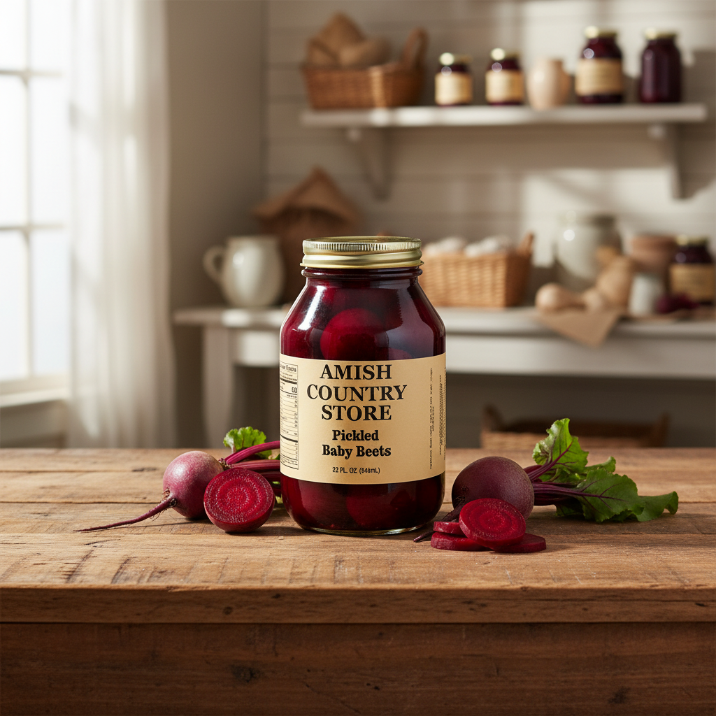 Canned Amish Country Store pickled baby beets in 32oz jar, showing vibrant red beets and label on the can.