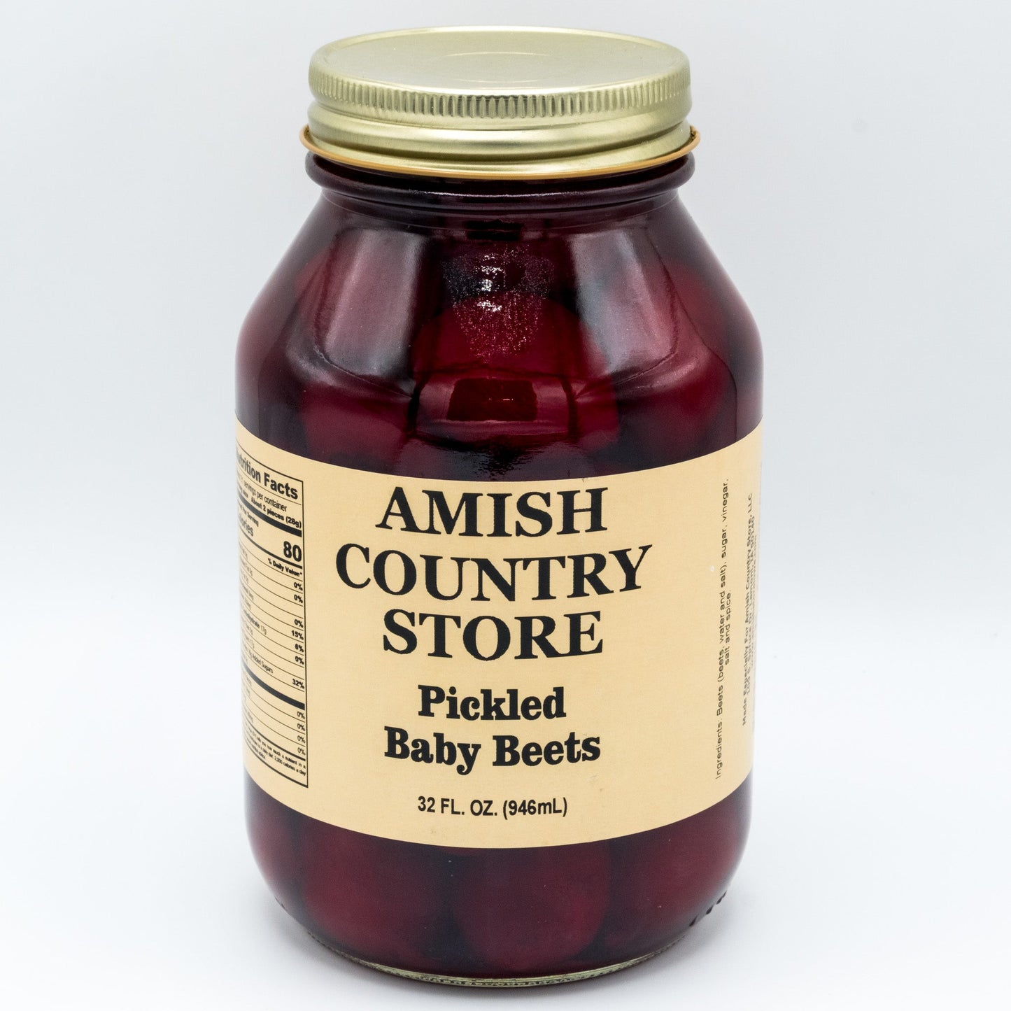 Canned Amish Country Store pickled baby beets in a 32oz jar with colorful label, ready for use in salads and side dishes.