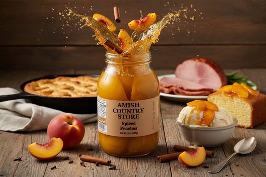 Canned Amish Country Store Spiced Peaches in a 32oz jar, showcasing slices of peaches with spiced syrup.