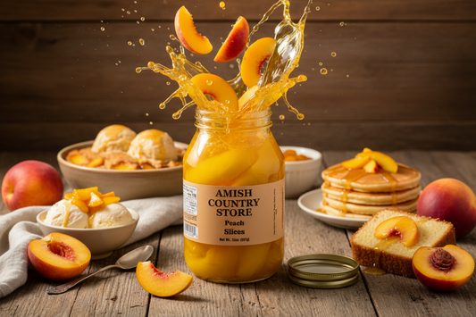 Canned peach slices in a 32oz container from Amish Country Store, showing vibrant orange peach slices in syrup.
