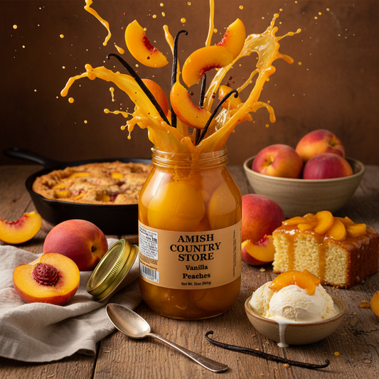 Canned vanilla peaches in 32oz jar with visible vanilla beans, made by Amish Country Store, showcasing fresh peach slices in syrup