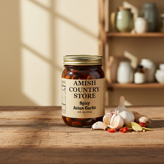 Canned Amish Country Store Spicy Asian Garlic in 16oz jar, with garlic cloves and spicy seasoning visible inside the can.