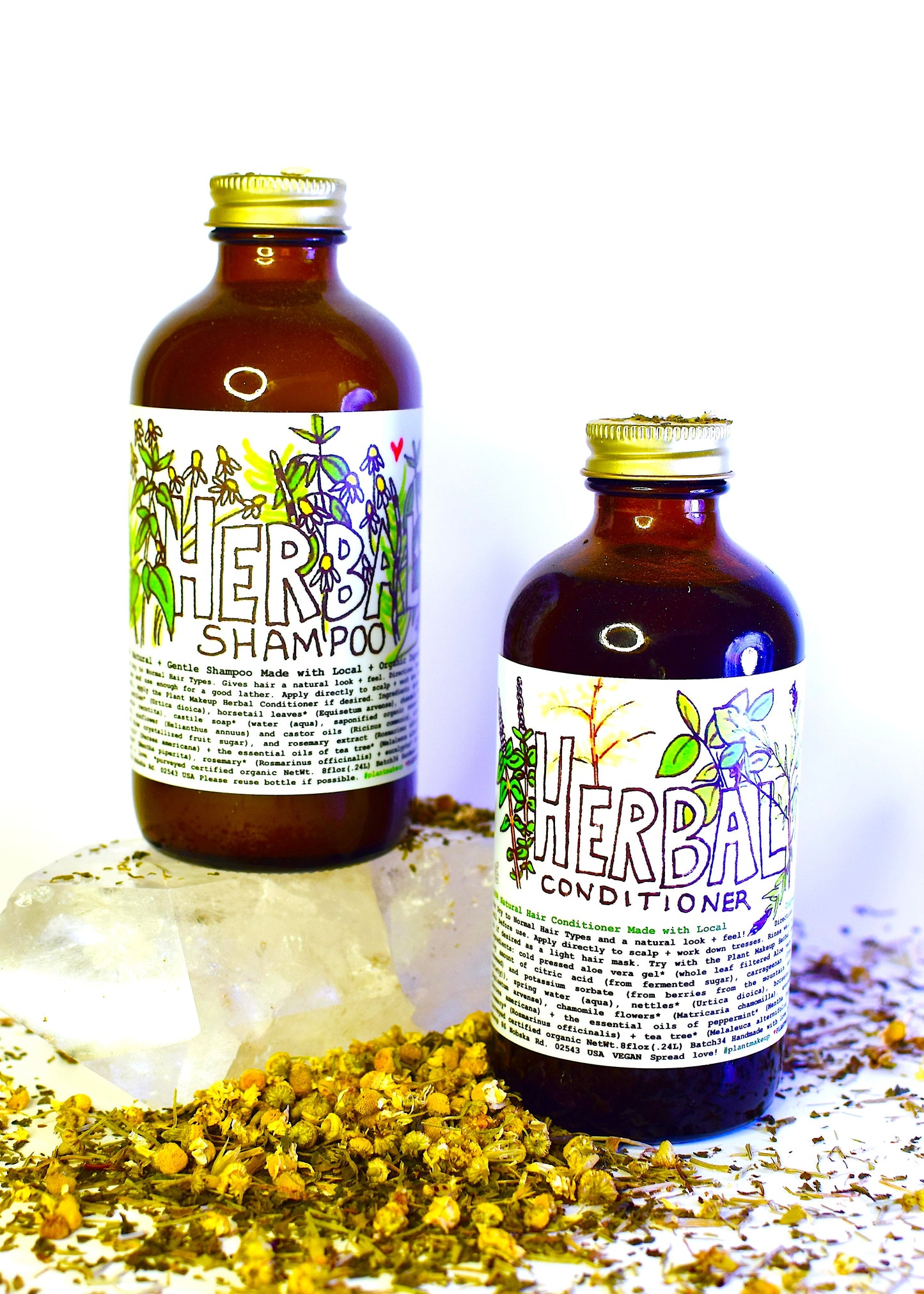 Herbal conditioner from Plant Makeup with natural ingredients, showing a sleek bottle with herbal label on a white background.