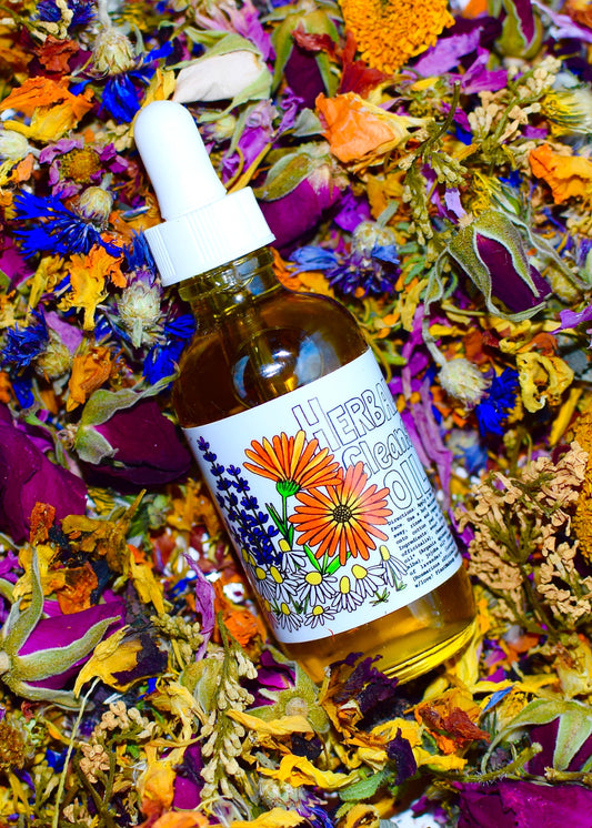 Herbal cleansing oil from plant makeup with natural botanicals, shown in a clear bottle with a pump dispenser.