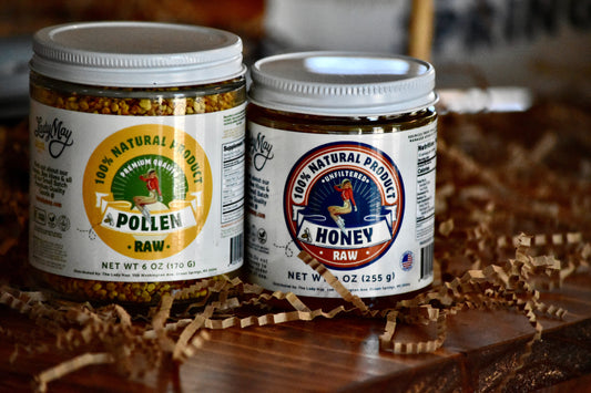 Honeymakers Bee Pollen and Natural Raw Honey 2-Pack Gift Bundle- Small Batch, Handmade, Farm Grown – Gift Set of 2, 9oz Glass Jars - The Lady May ~ Blessings Grow Meadows