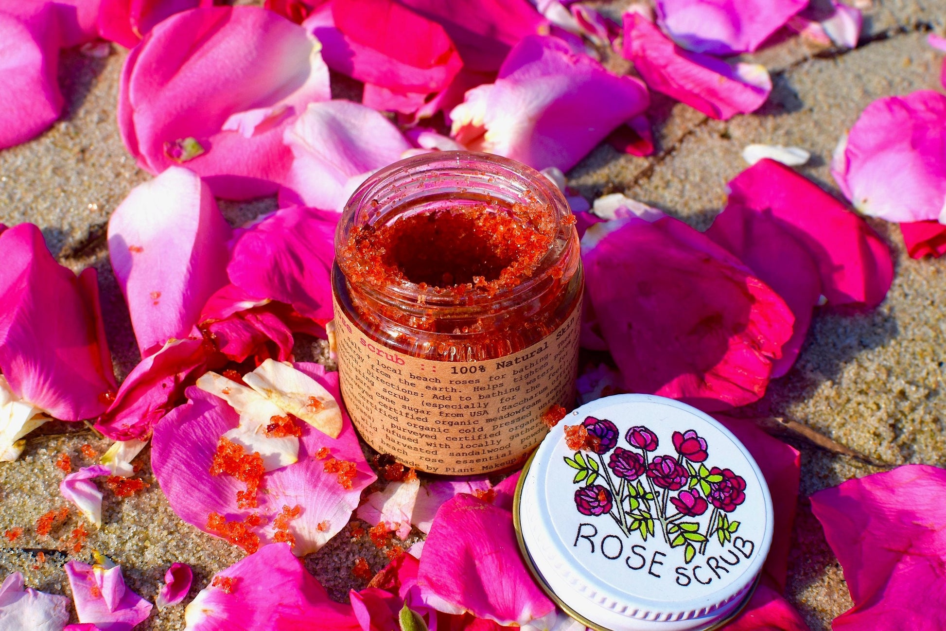 Beach Rose Scrub by plant makeup with natural rose exfoliants and creamy texture in a jar.