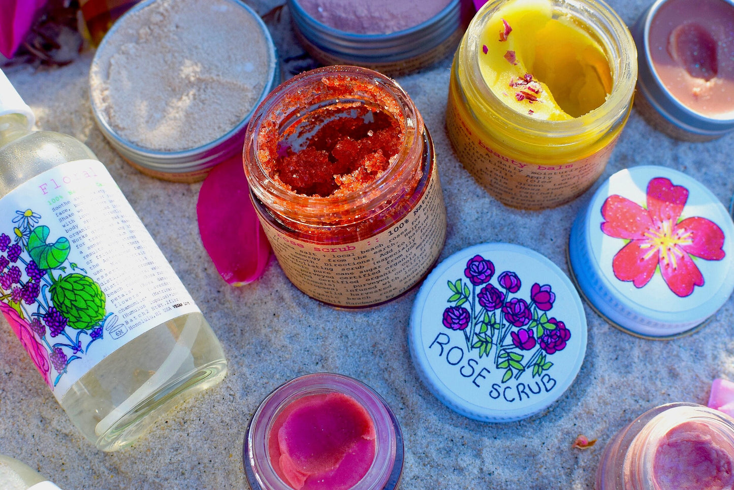 Plant Makeup Beach Rose Scrub in a jar with natural rose and exfoliating texture, ready for skincare use.