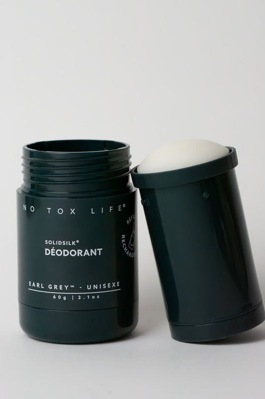 Refillable SOLIDSILK® deodorant stick in Earl Grey scent by NO TOX LIFE, showing the sleek natural deodorant container.
