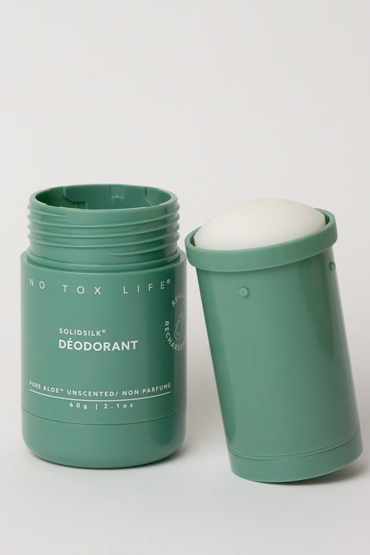 Refillable SOLIDSILK® deodorant stick by No Tox Life with pure aloe fragrance-free, extra strength, natural deodorant product.