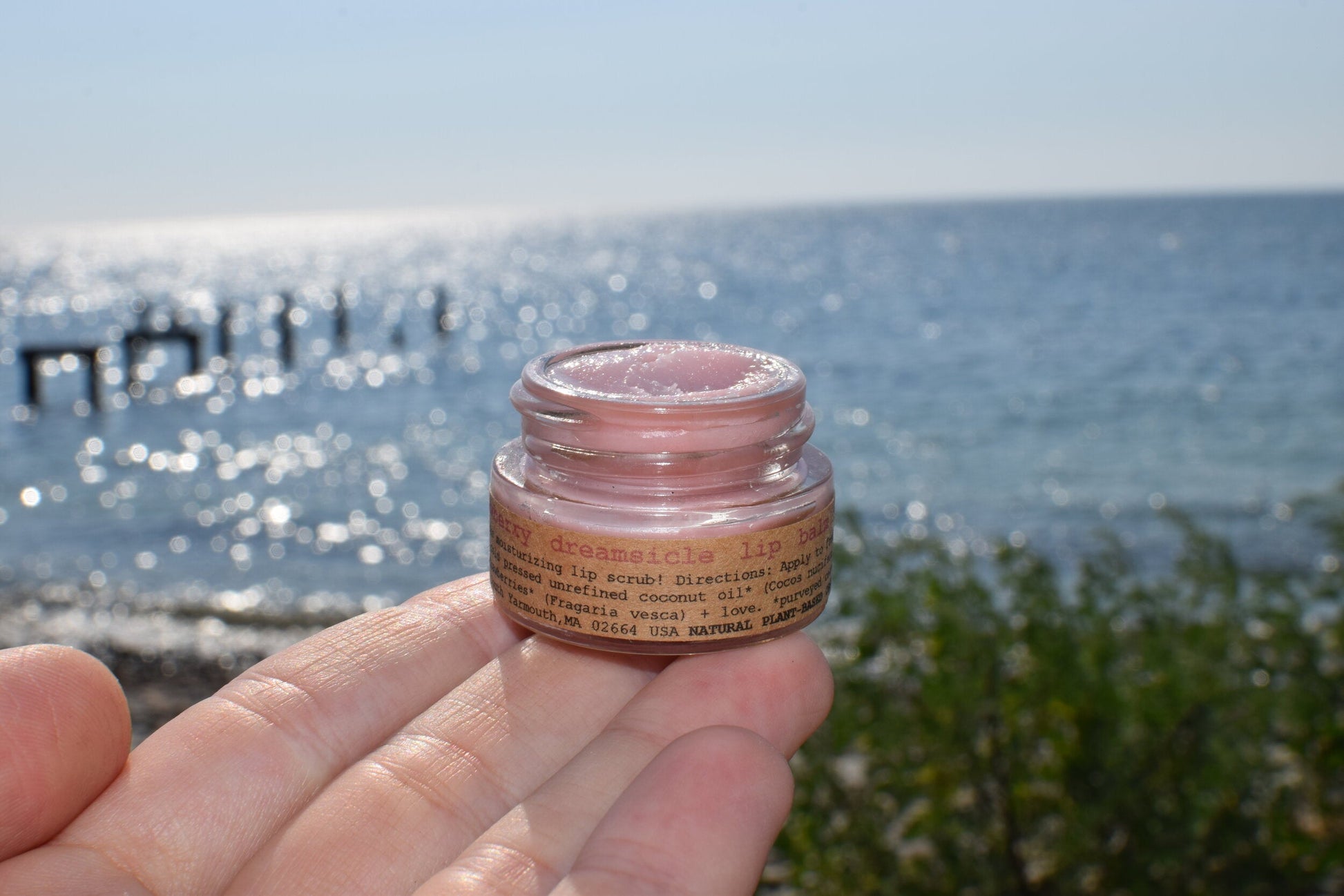 Plant Makeup Strawberry Dreamsicle Lip Balm Scrub in a jar with a pink and white creamy texture, showing fresh strawberry pieces.