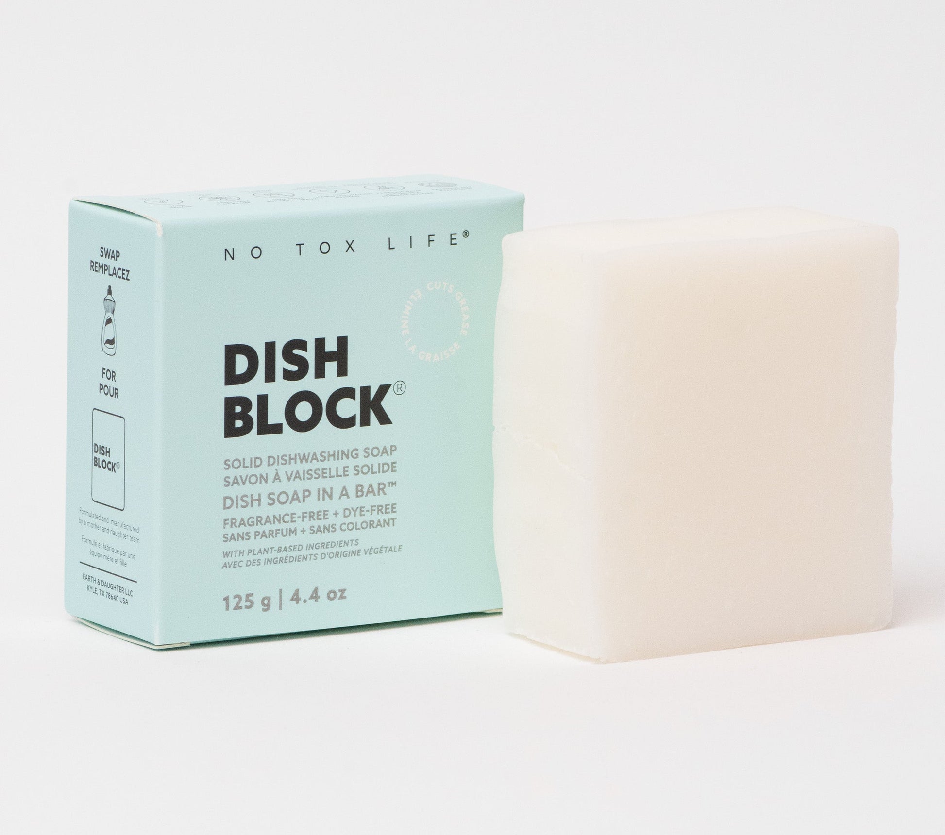 DISH BLOCK® solid dish soap - 4.4 oz (125g) bar - Fragrance Free - No Tox Life® - Blessings Grow Meadows