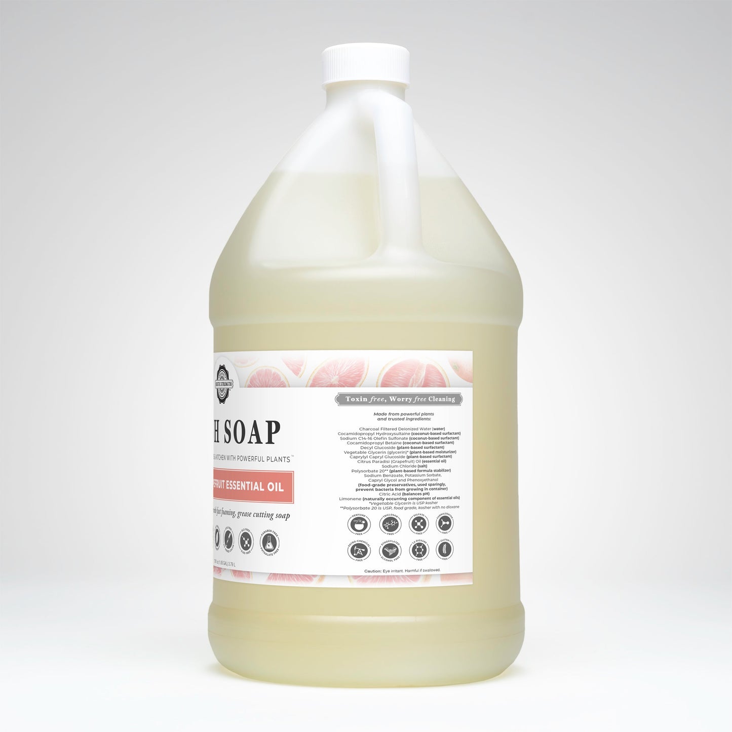 A large gallon jug of Rustic Strength Dish Soap | Pink Grapefruit, with a white cap and handle. The translucent bottle holds pale yellow, biodegradable soap scented with refreshing pink grapefruit essential oil.