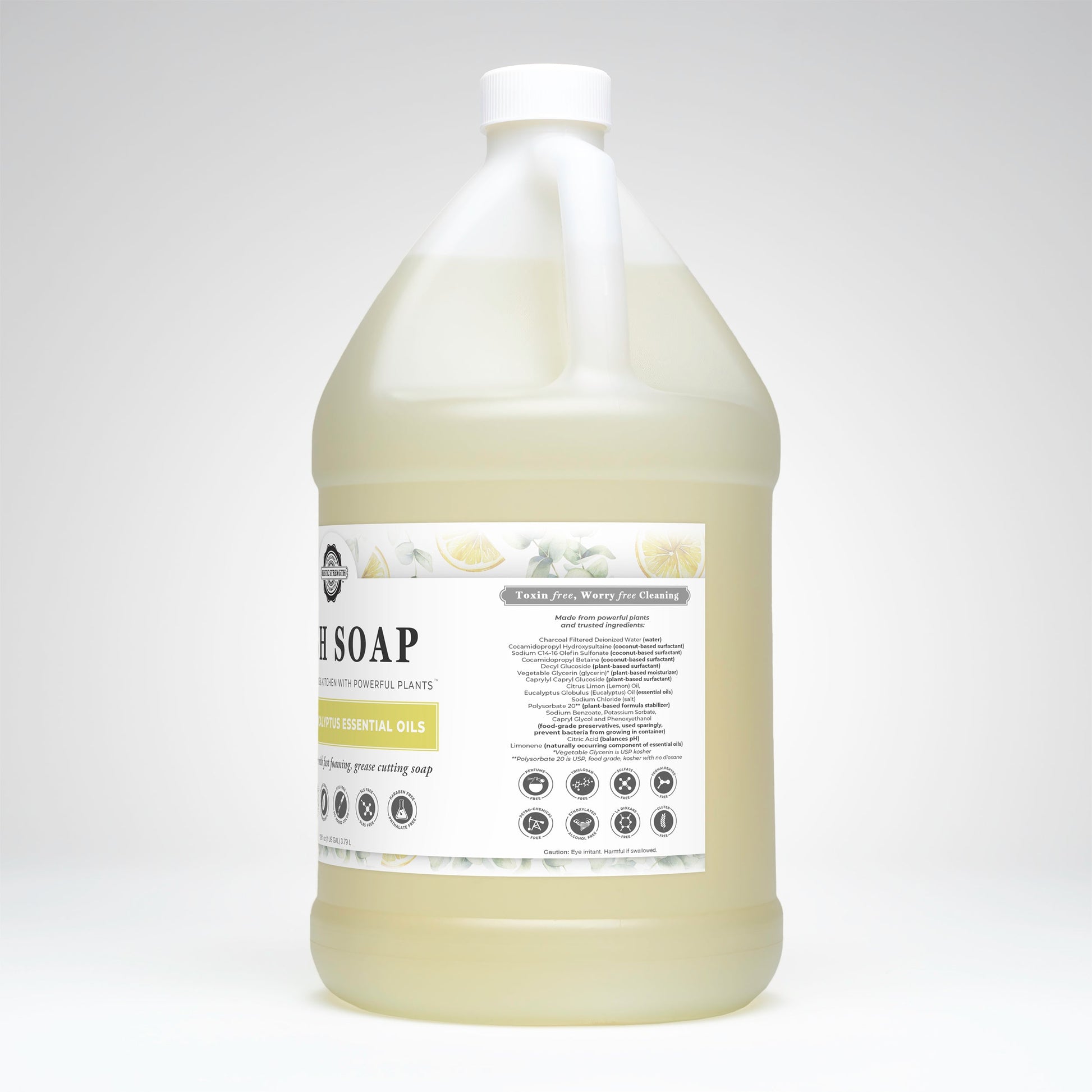 A large, translucent jug of Rustic Strength Dish Soap | Lemon & Eucalyptus with a white screw cap and label showing lemons. Biodegradable, features essential oils, and suitable for multi-purpose cleaning.