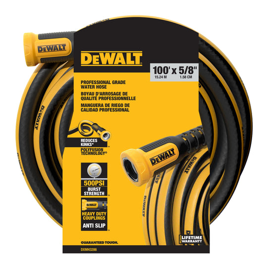 DeWALT professional heavy-duty water hose, 100 feet, durable construction, ideal for gardening and outdoor watering tasks.