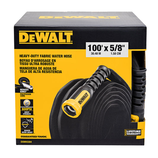 DeWALT heavy-duty professional fabric hose with durable construction, shown coiled with packaging for irrigation or gardening use.