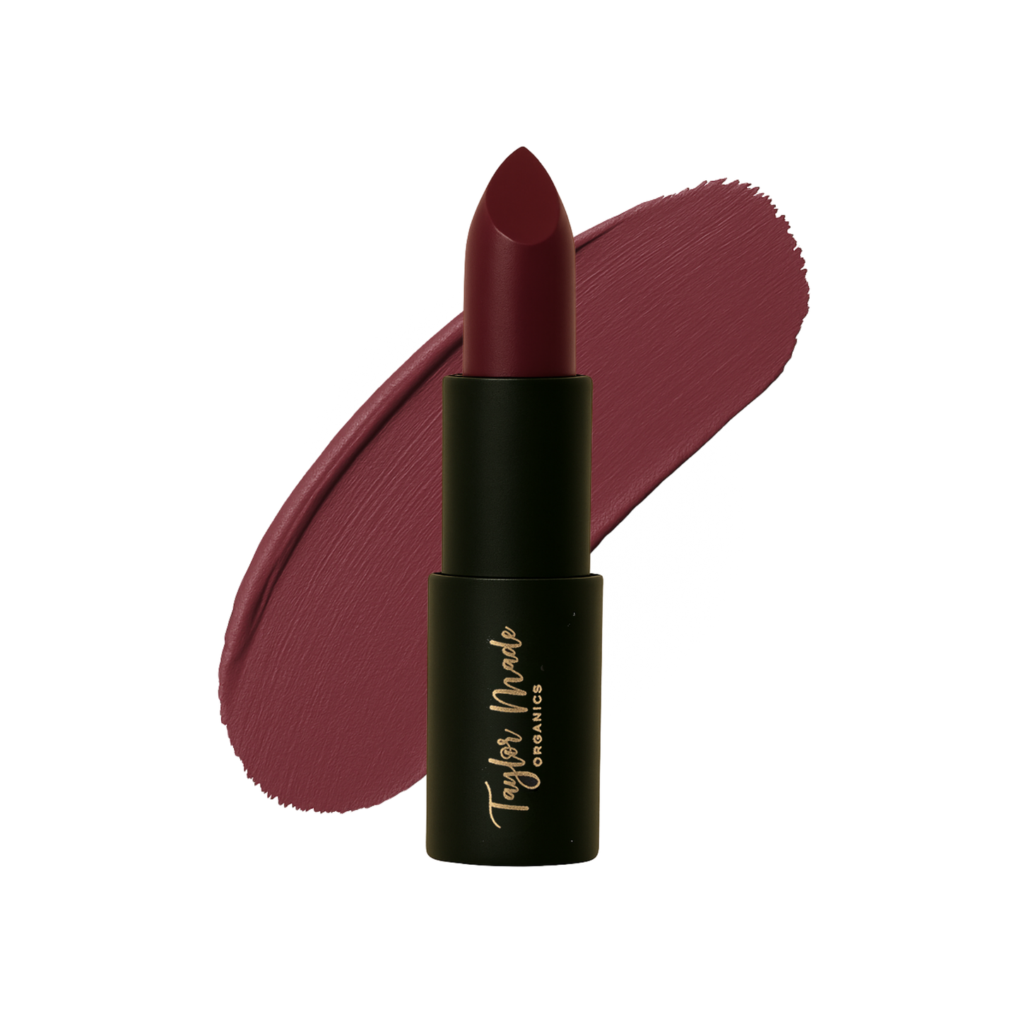 Organic lipstick by Taylor Made Organics featuring a sleek tube and rich, natural color in a close-up view.