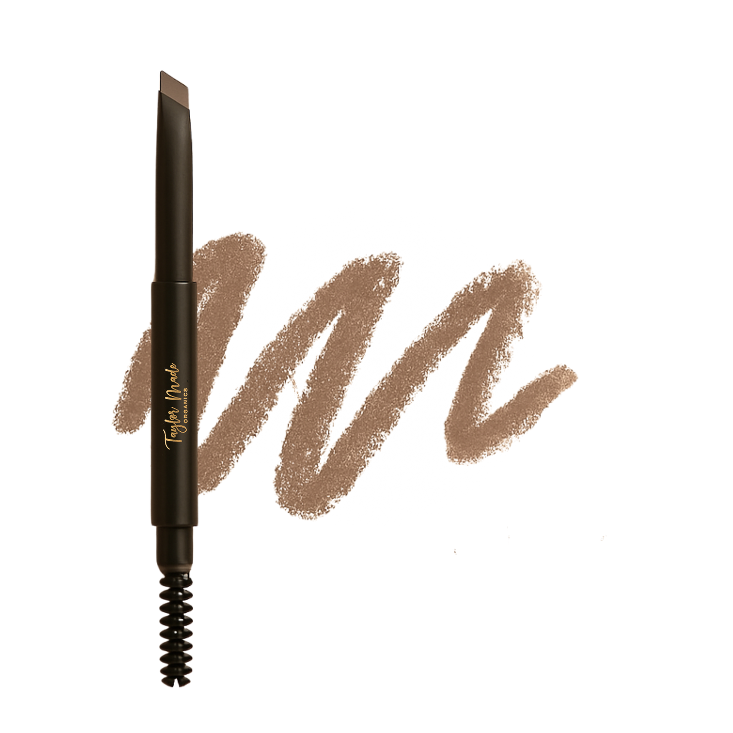Swatch of Taylor Made Organics deep taupe retractable brow pencil showing its creamy texture and precise application.