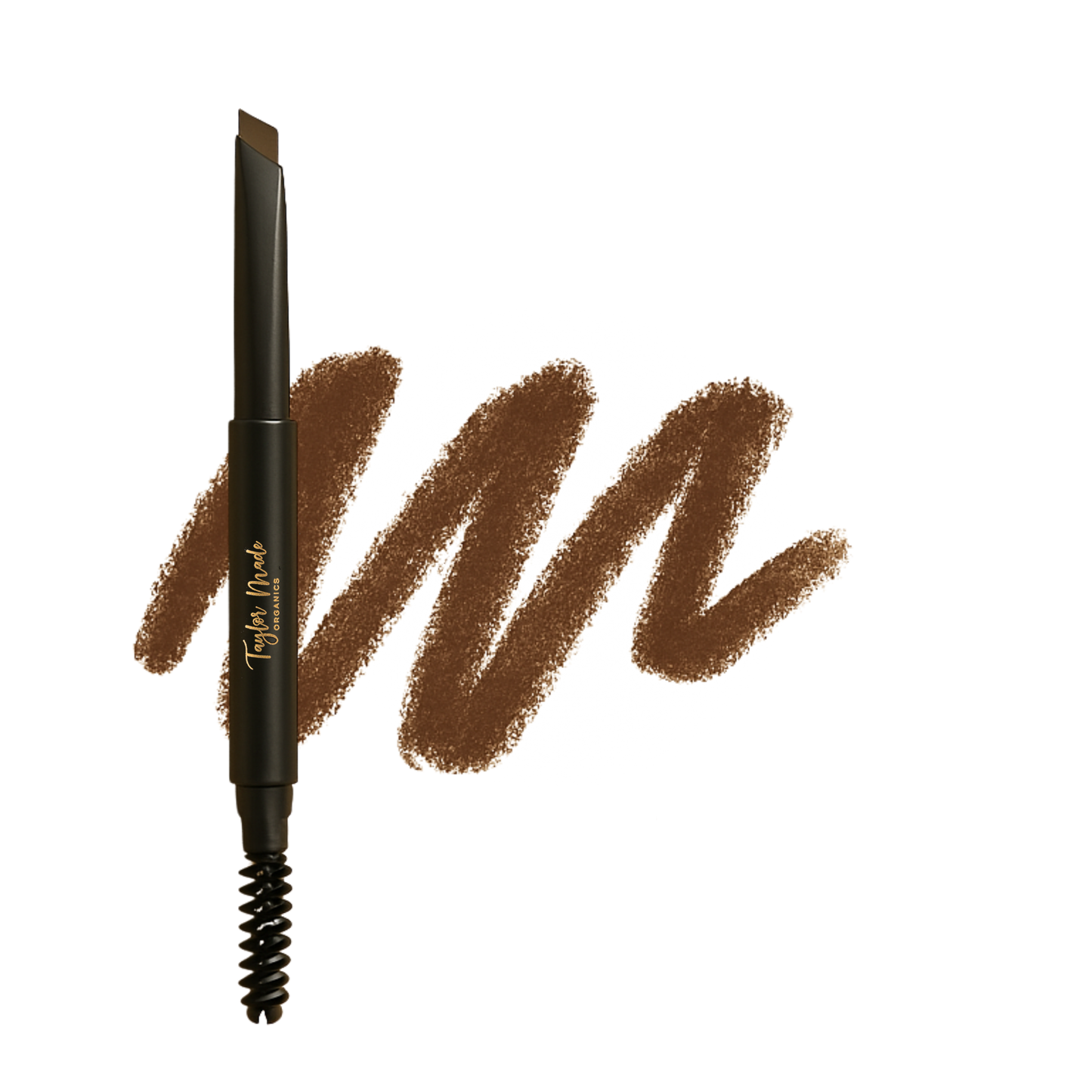 Deep brown retractable brow pencil by Taylor Made Organics with swatch showing precise, natural-looking brow enhancement.