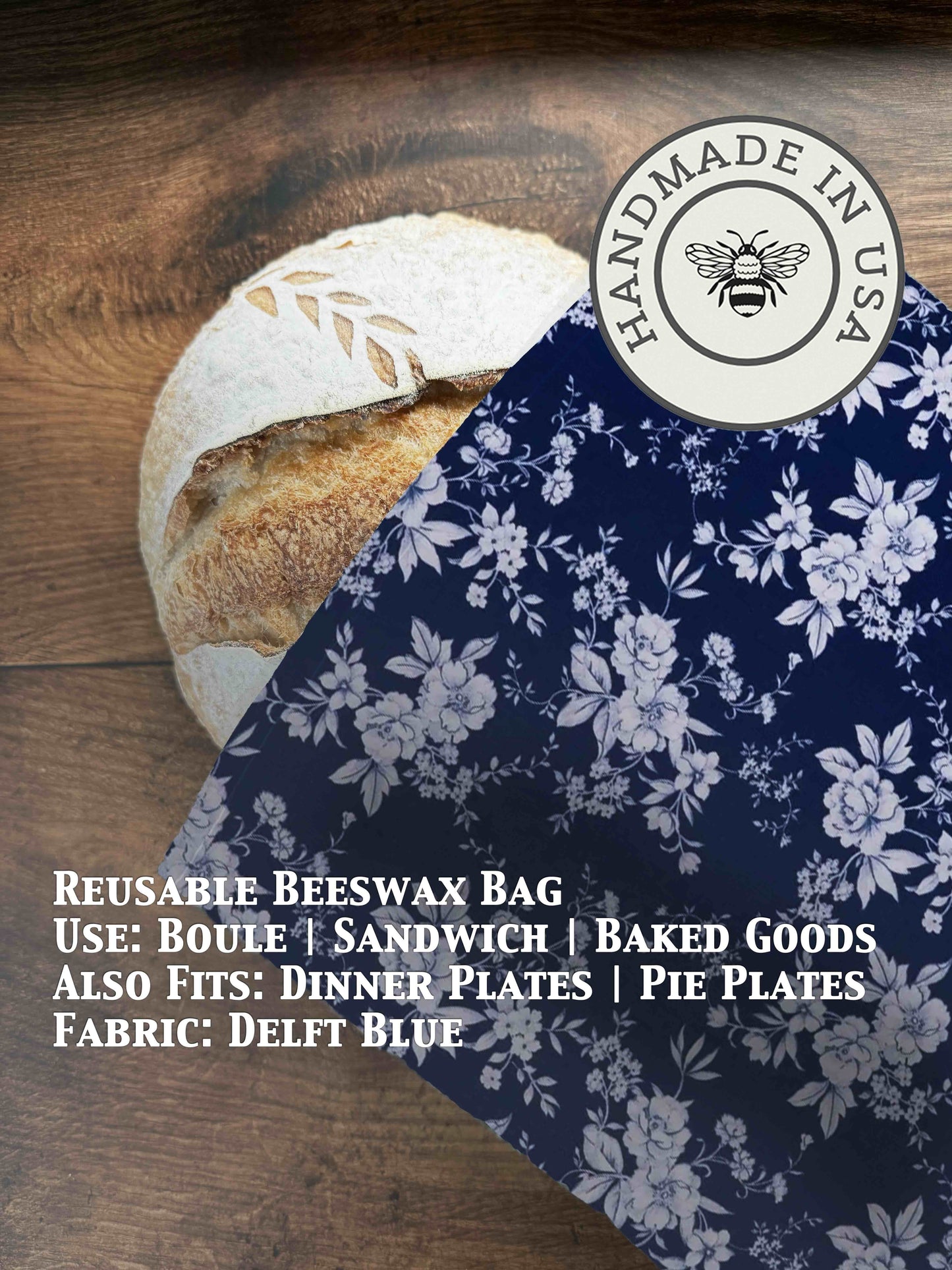 Delft blue beeswaxed bread bag from Five Oaks Farm, showcasing a rustic, natural cotton exterior with beeswax coating for bread storage.
