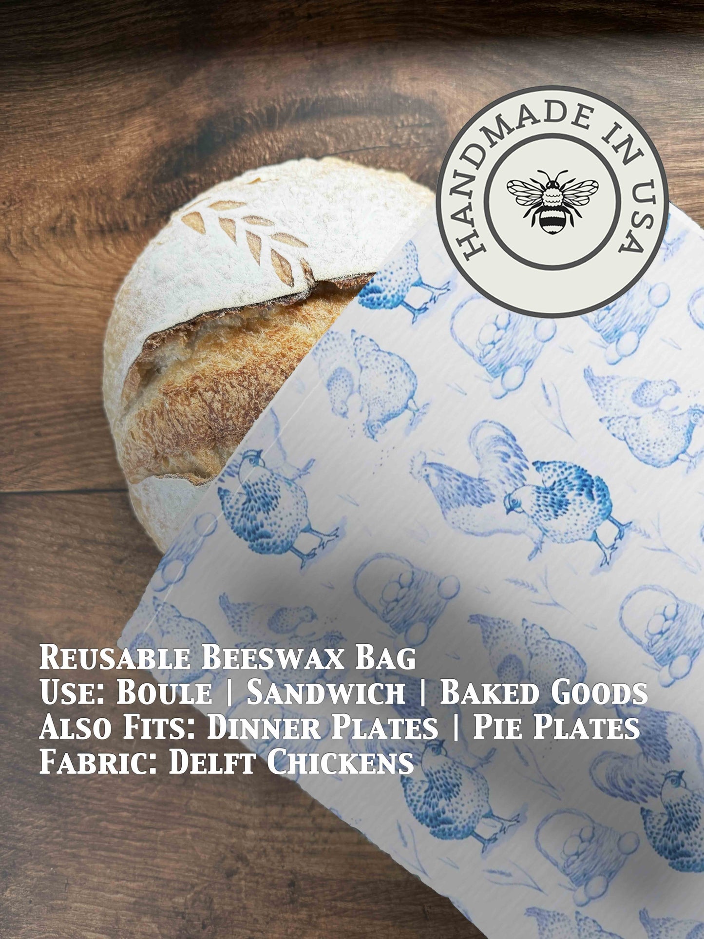 Beeswaxed bread bag from Five Oaks Farm with a charming farm-themed design featuring chickens and farm scenery.