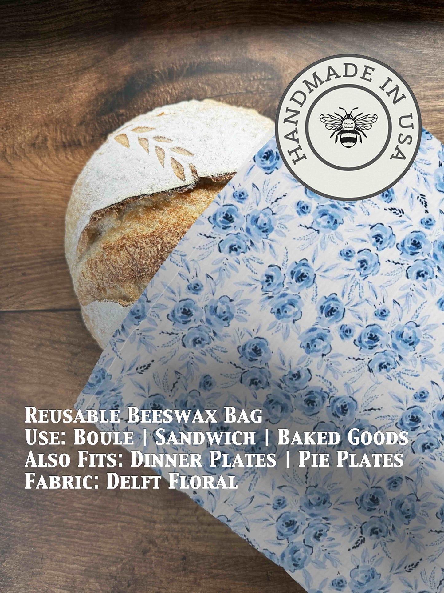 Beeswaxed bread bag with Delft floral design from Five Oaks Farm, showcasing natural beeswax coating and floral pattern.