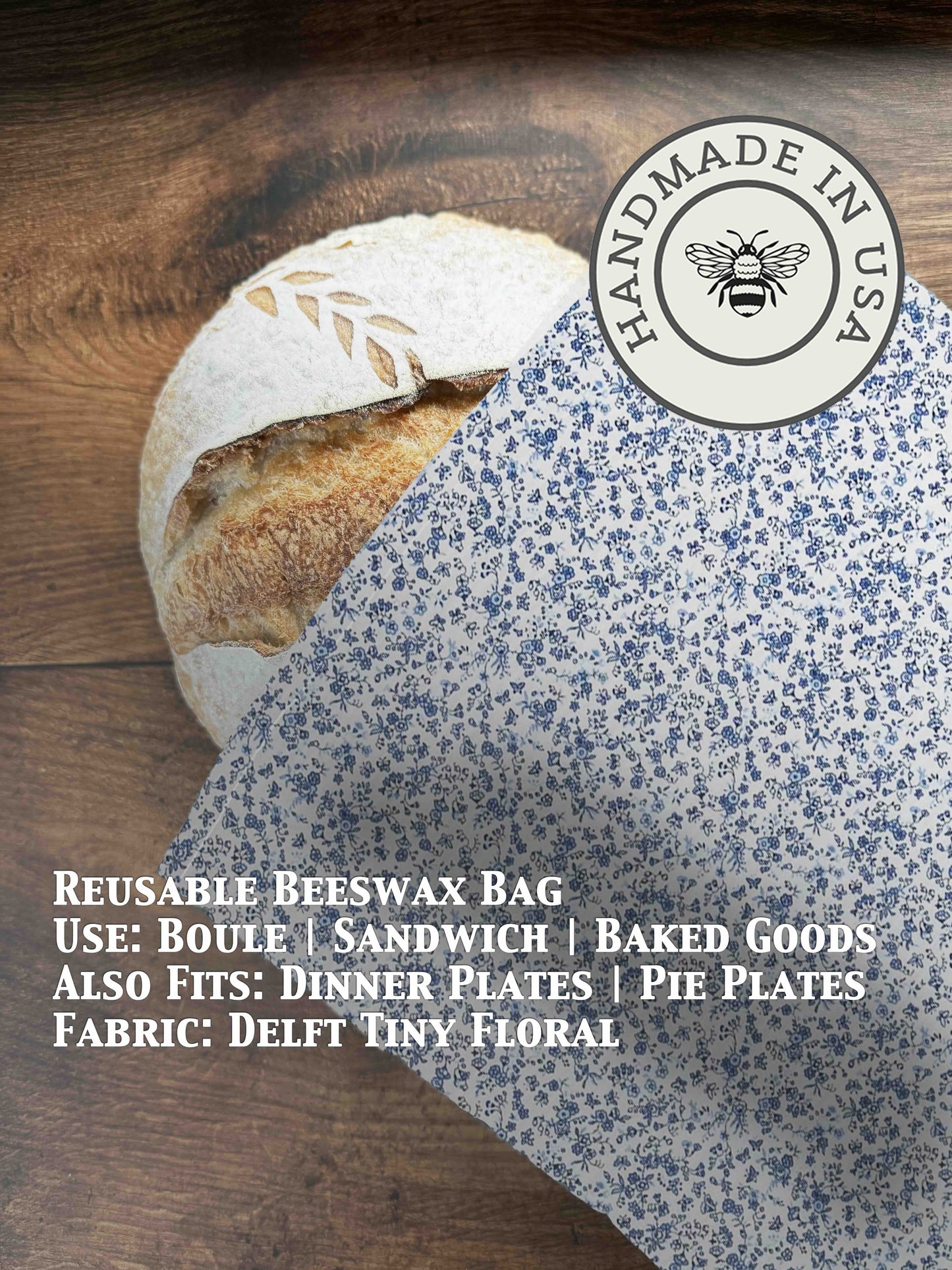 Beeswaxed bread bag from Five Oaks Farm with delicate Delft-style floral pattern, perfect for storing fresh bread.